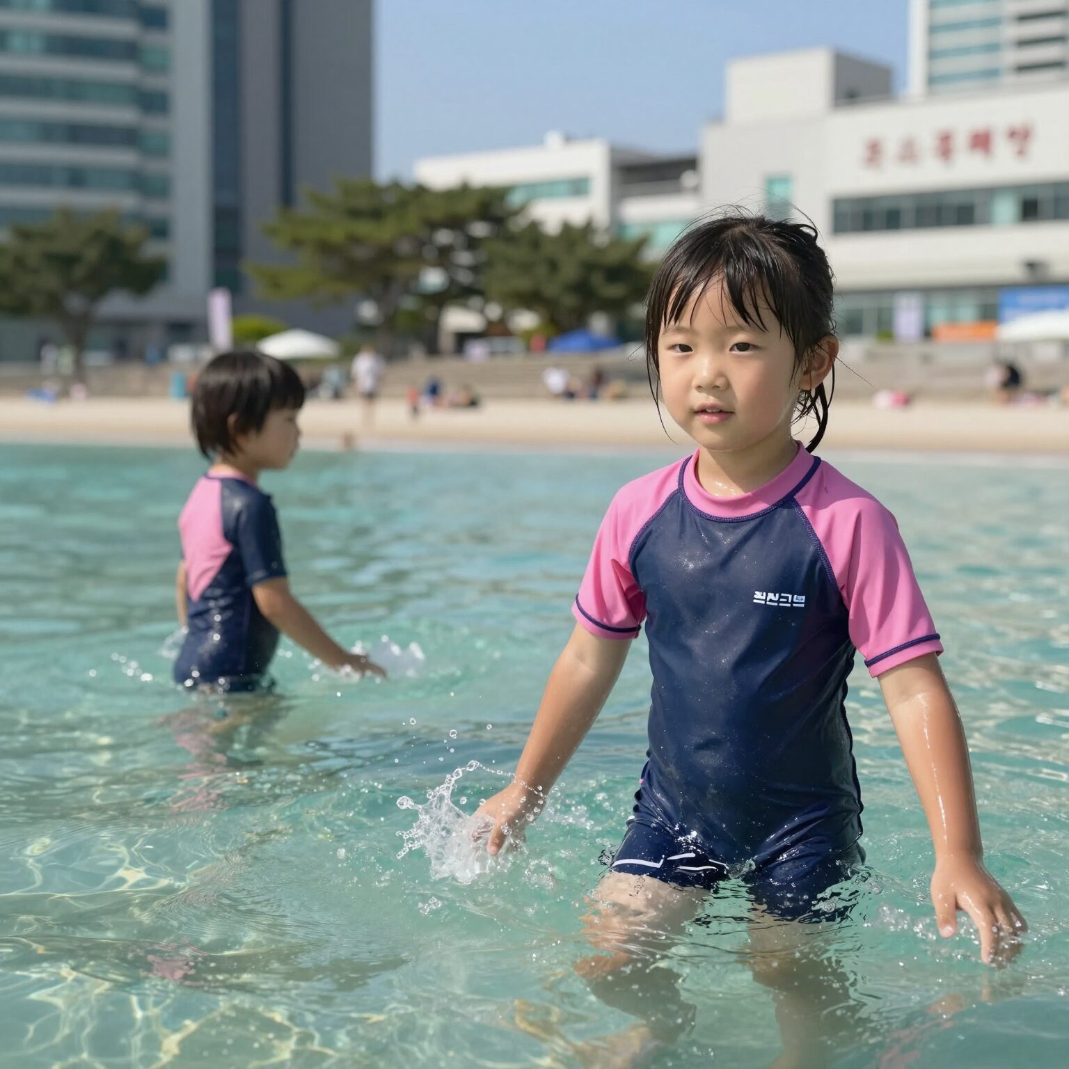여아 래쉬가드 세트를 착용하고 수영장에서 즐거워하는 아이의 모습
