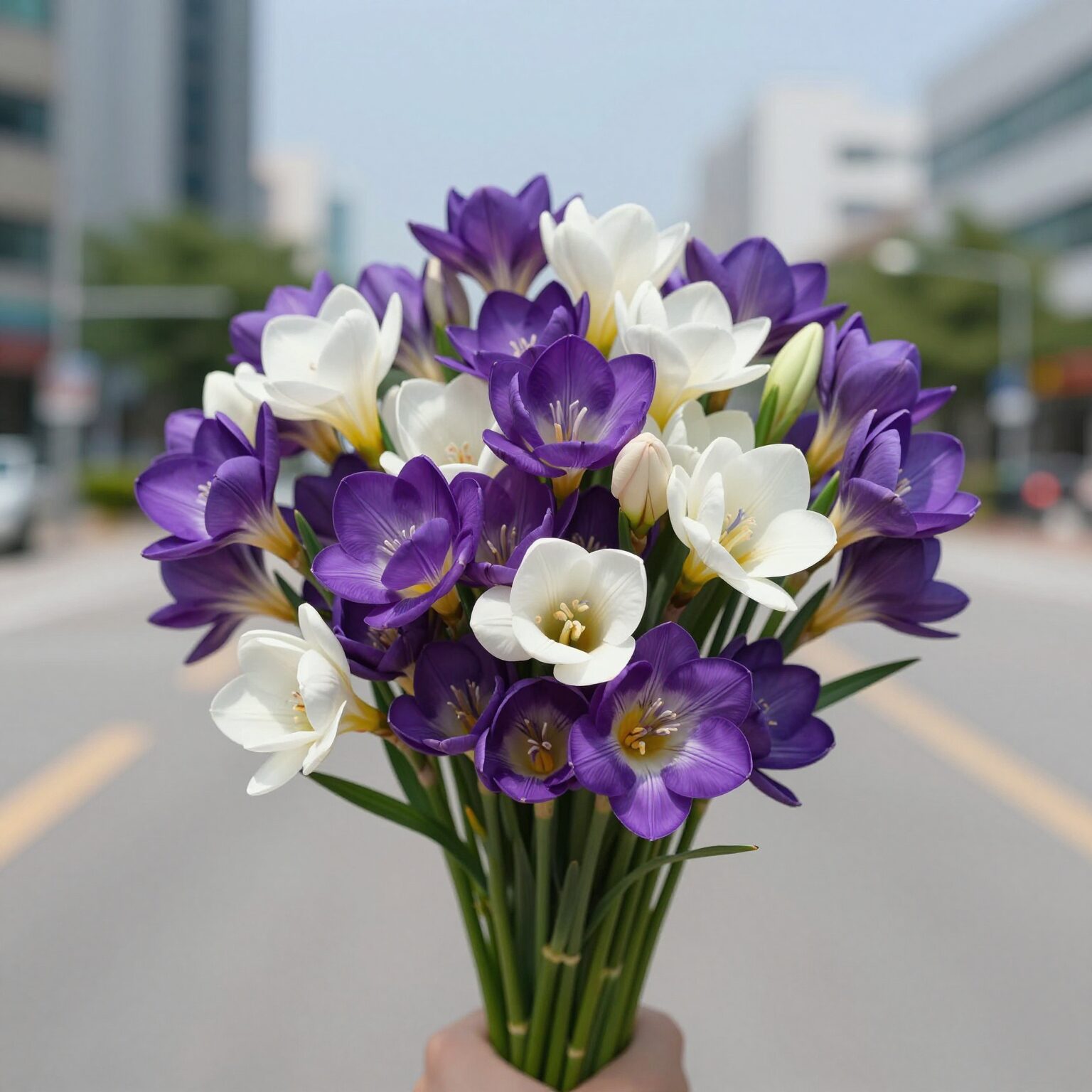 8월 탄생화 글라디올러스 꽃다발 사진. 보라색과 흰색 글라디올러스가 함께 꽂혀 있다.