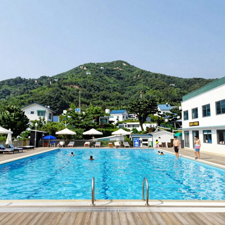여름 수영장 글램핑장 전경, 푸른 산과 수영장이 어우러진 풍경