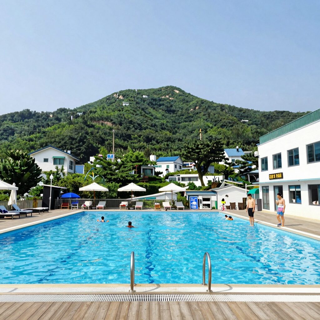 여름 수영장 글램핑장 전경, 푸른 산과 수영장이 어우러진 풍경