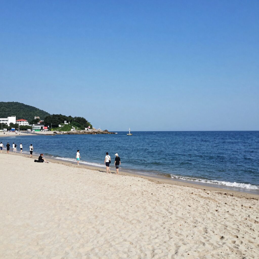 공현진 해수욕장의 넓은 백사장과 푸른 바다가 펼쳐진 여름 풍경