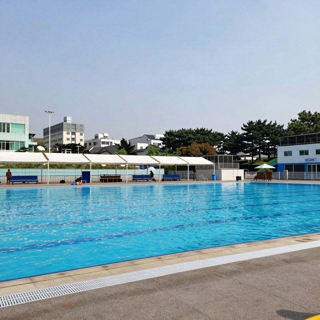 군산 소룡동 야외수영장 전경, 넓은 풀장과 그늘막이 보임