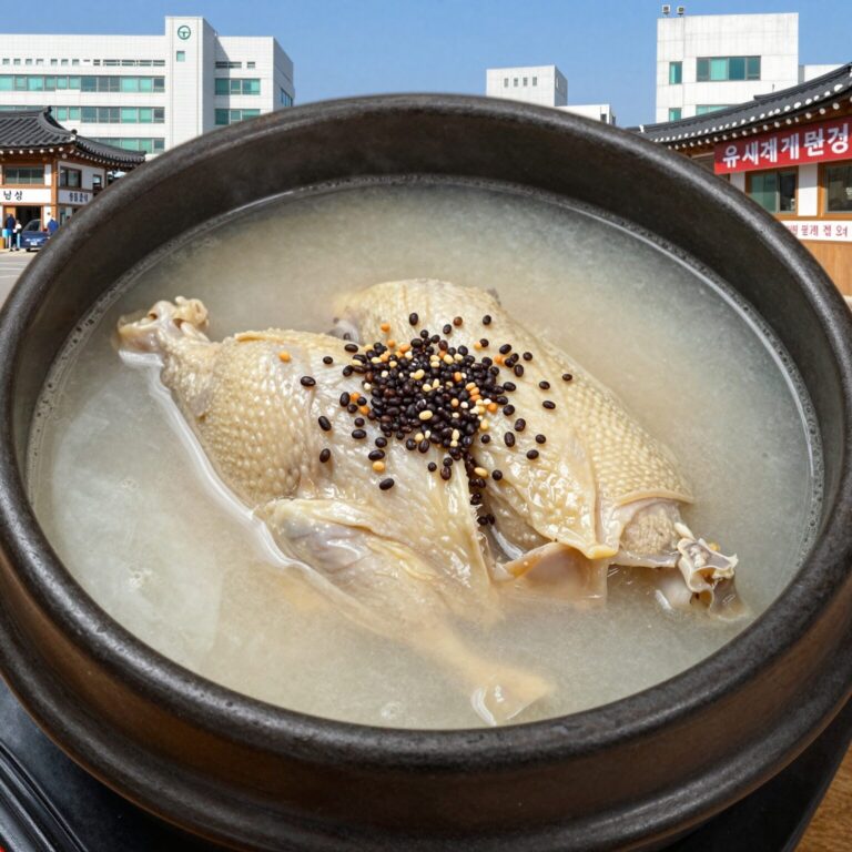 군산 삼계탕 맛집 유씨네 본가 누룽지 삼계탕의 누룽지 삼계탕 뚝배기 사진. 누룽지가 닭을 감싸고 있고 녹두가 올려져 있다.