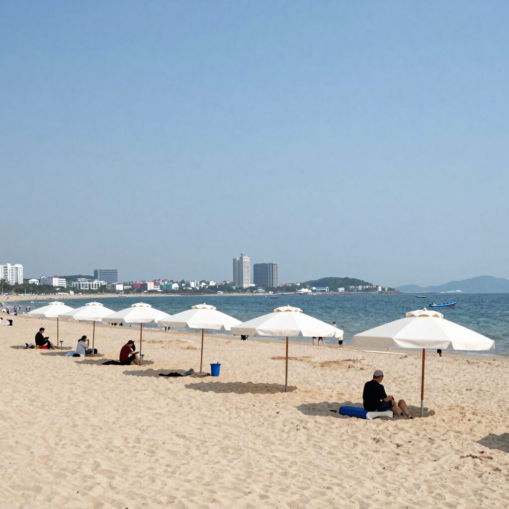 광안리 해수욕장 갈대 파라솔과 비치베드가 설치된 해변 풍경