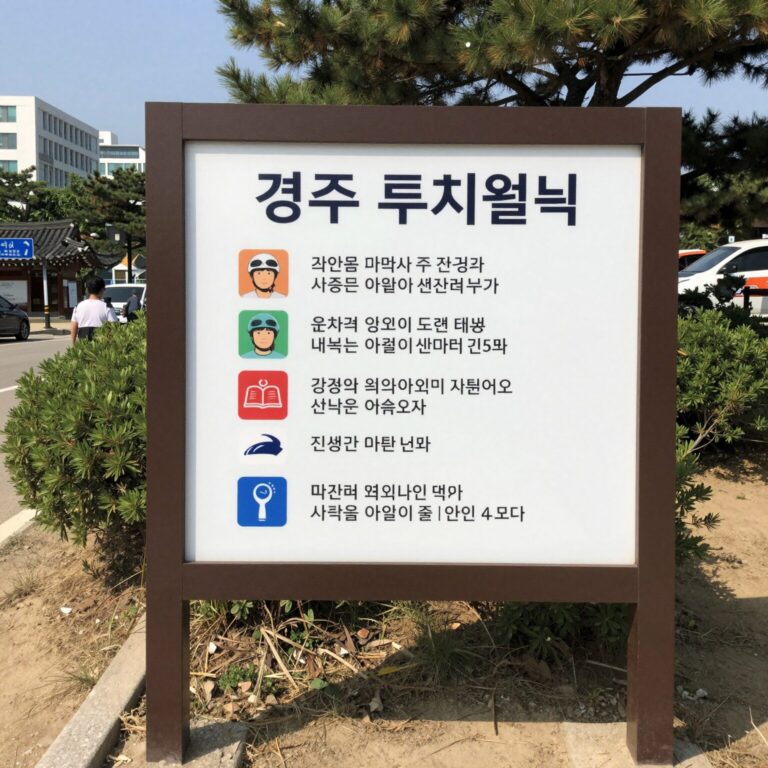 경주 루지월드 헬멧 착용 모습과 안전 수칙 안내판