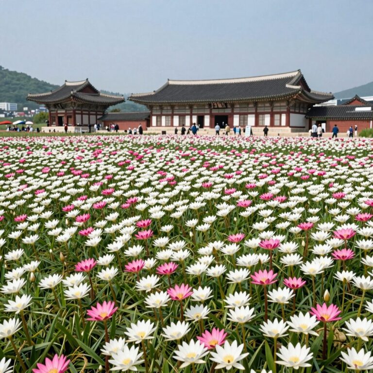 경주 동궁과월지 연꽃단지 여름 꽃밭 풍경 흰색 분홍색 연꽃이 활짝 핀 모습