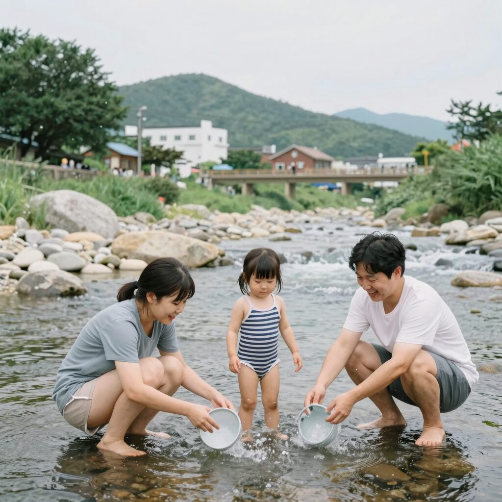 경남 산청 내대계곡에서 물놀이 중인 가족의 즐거운 모습