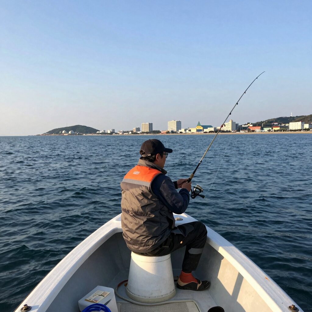 밤바다에서 갈치 집어등을 켜고 있는 낚시 배의 모습