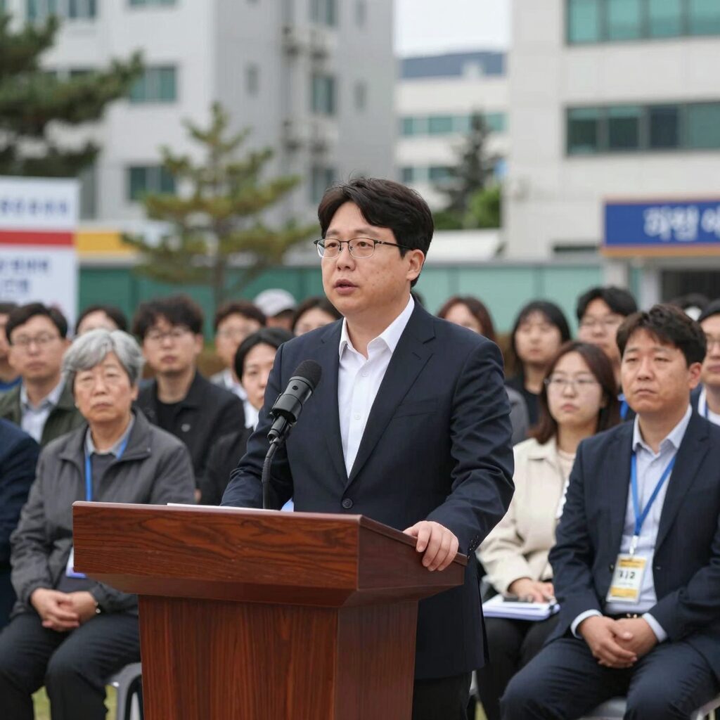 하남시장 후보 토론회에서 발언하는 후보자의 모습, 시민들이 경청하고 있다