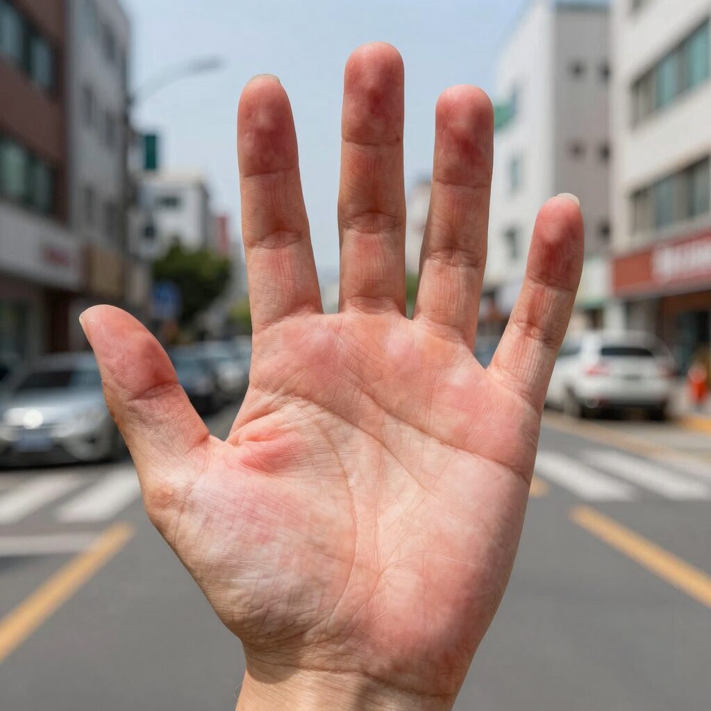 손바닥이 붉게 달아오른 모습과 열감을 호소하는 사람의 손 사진