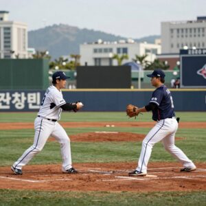 2026년 한화 이글스와 LG 트윈스의 한국시리즈 경기 장면, 잠실야구장에서 펼쳐지는 프로야구 대결
