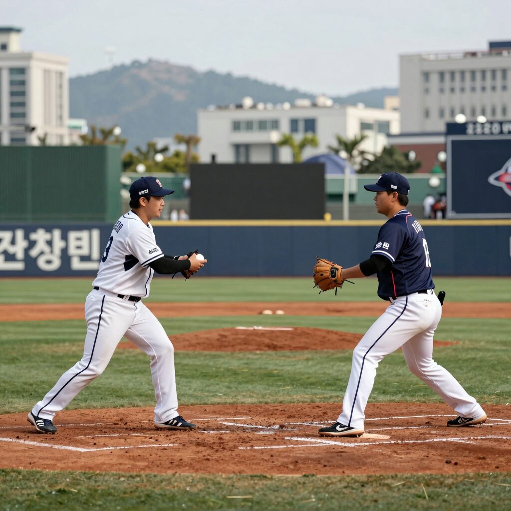 2026년 한화 이글스와 LG 트윈스의 한국시리즈 경기 장면, 잠실야구장에서 펼쳐지는 프로야구 대결