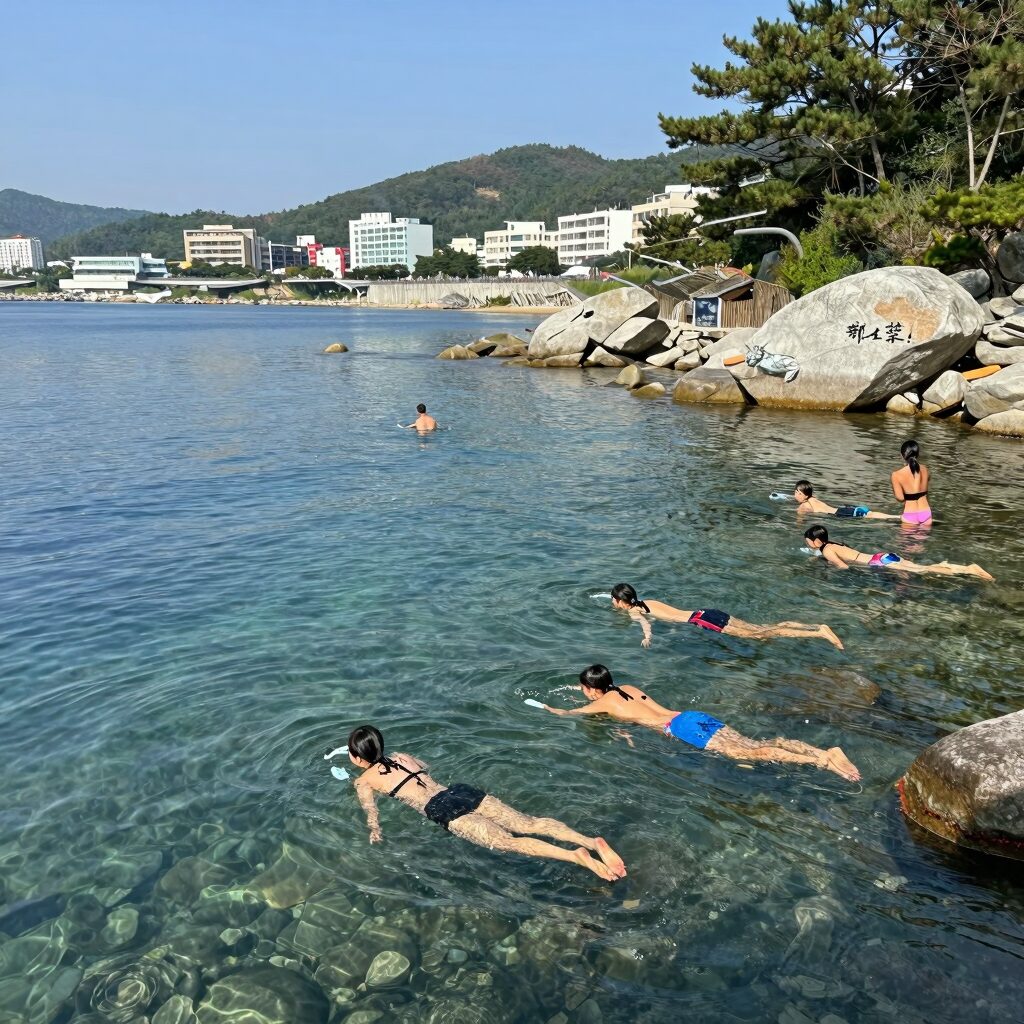 포항 하옥계곡의 맑고 투명한 물과 다이빙하는 사람들