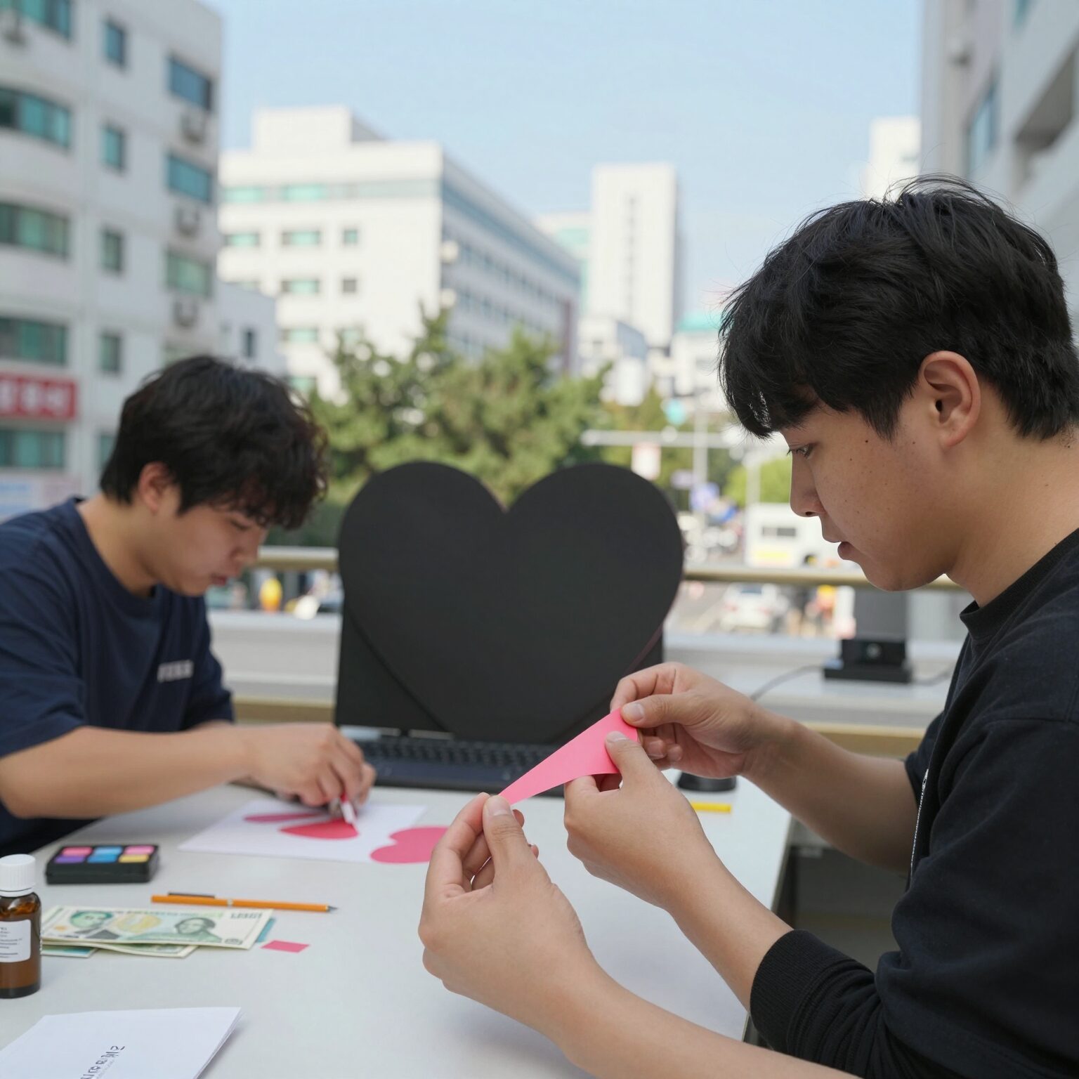 하트 튜브 접기 중간 단계에서 공기를 조절하는 모습