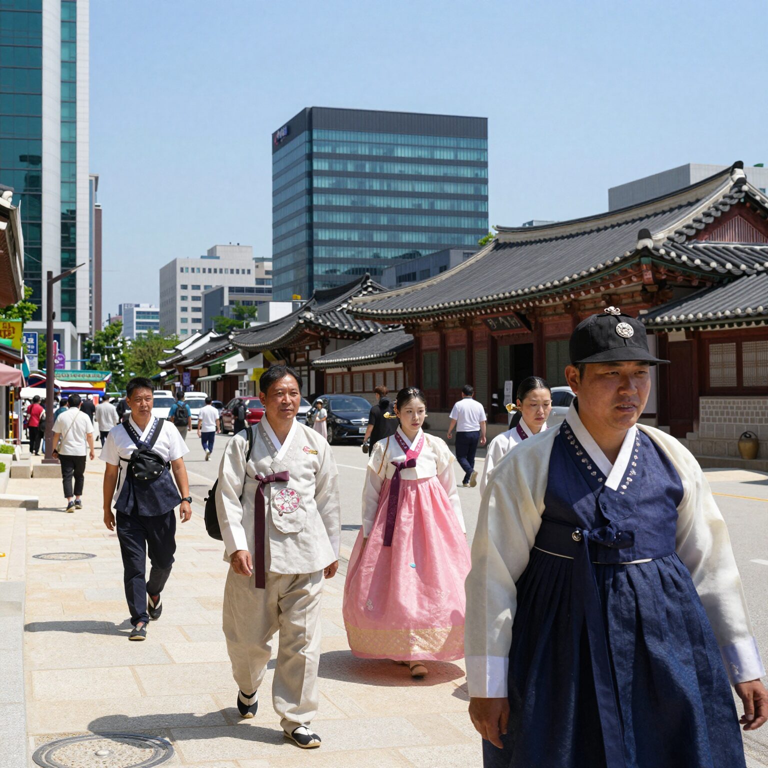 도시 한복판 아지랑이와 건물 사이로 내리쬐는 강한 햇살을 담은 불볕더위 이미지
