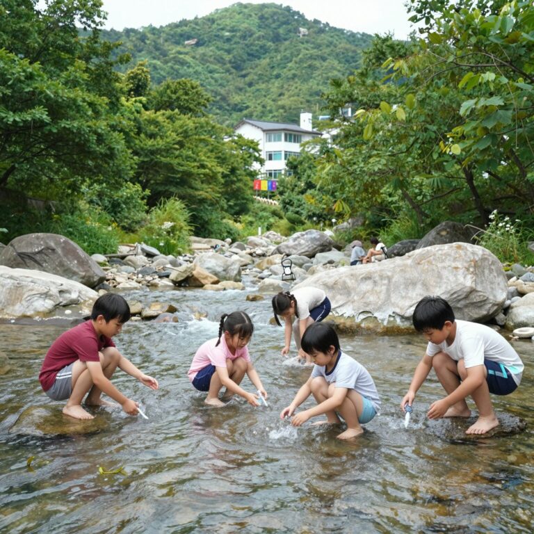 평창 흥정계곡 펜션 앞 계곡에서 아이들이 물놀이하는 모습, 맑은 물과 숲이 보임