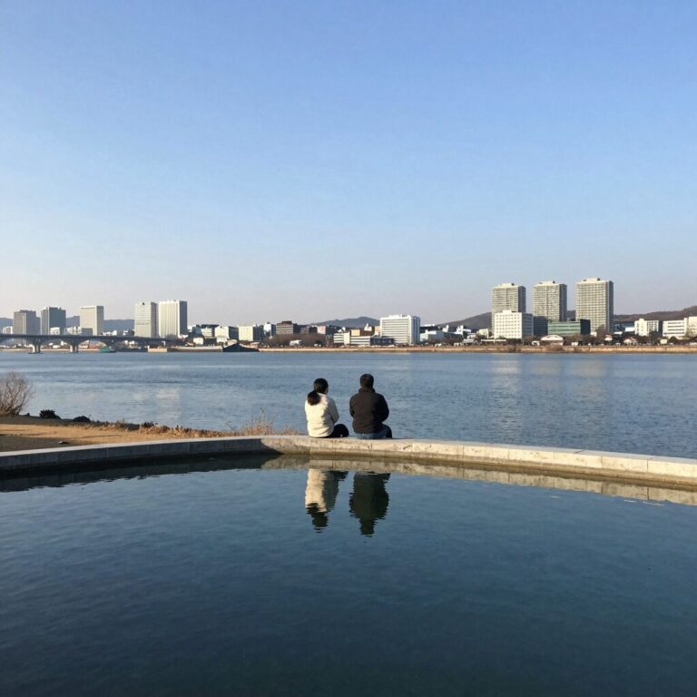 홍천 헤리티스 풀빌라 라군프론트 독채에서 바라본 개인 풀장과 홍천강 전경
