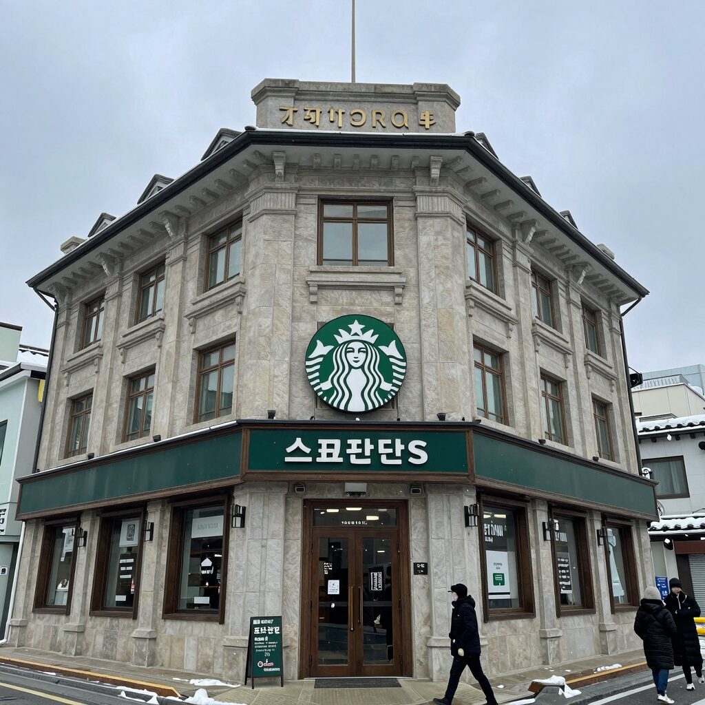 히로사키 스타벅스 매장 외관. 구 제8사단장 관사를 개조한 다이쇼 로망 양식 건물. 눈 내리는 겨울 풍경이 아름답다.