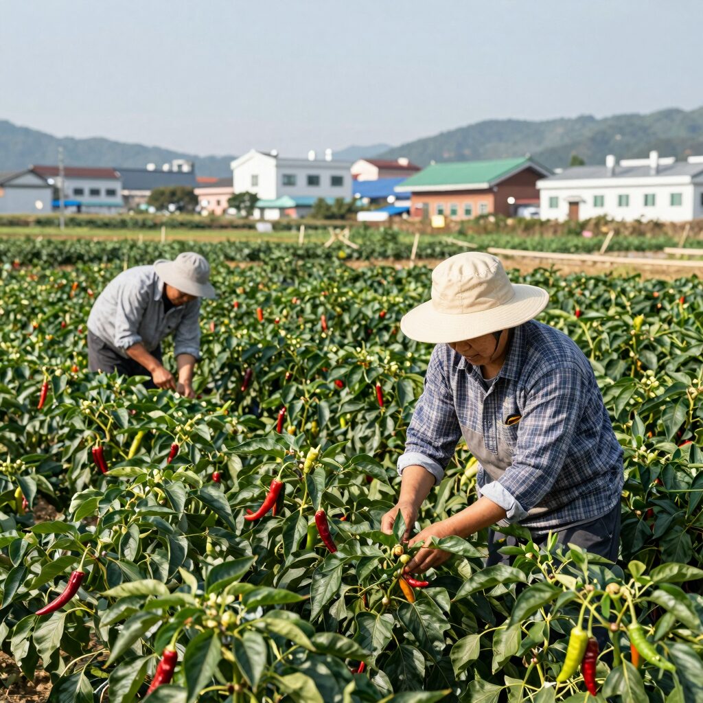 2026년 햇고추 수확 현장에서 농부가 고추를 따고 있는 모습