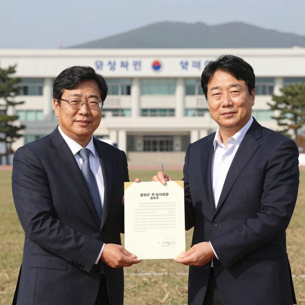 정명근 화성시장과 송옥주 의원이 한국마사회에 서울경마공원 화성 이전 제안서를 전달하는 모습