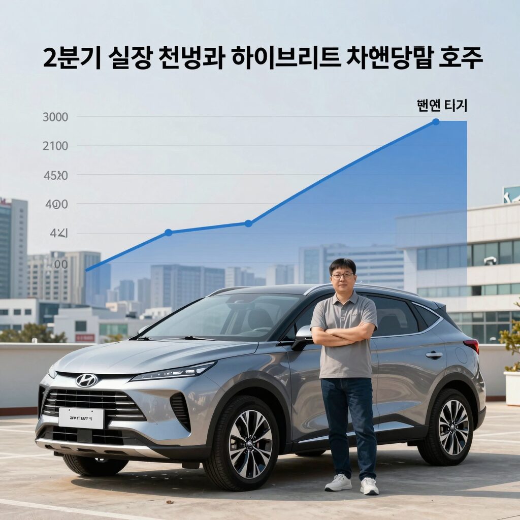 현대차 2분기 실적 전망과 하이브리드 차량 판매 호조를 나타내는 그래프와 차량 이미지