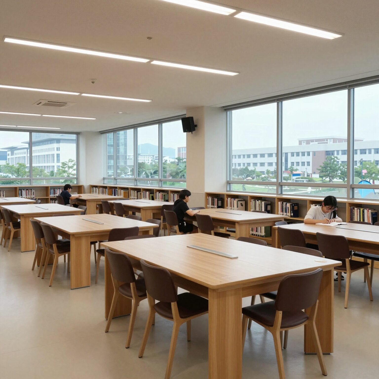 송도 채드윅 국제학교 도서관 내부, 넓은 창가와 통원목 테이블이 배치된 쾌적한 학습 공간