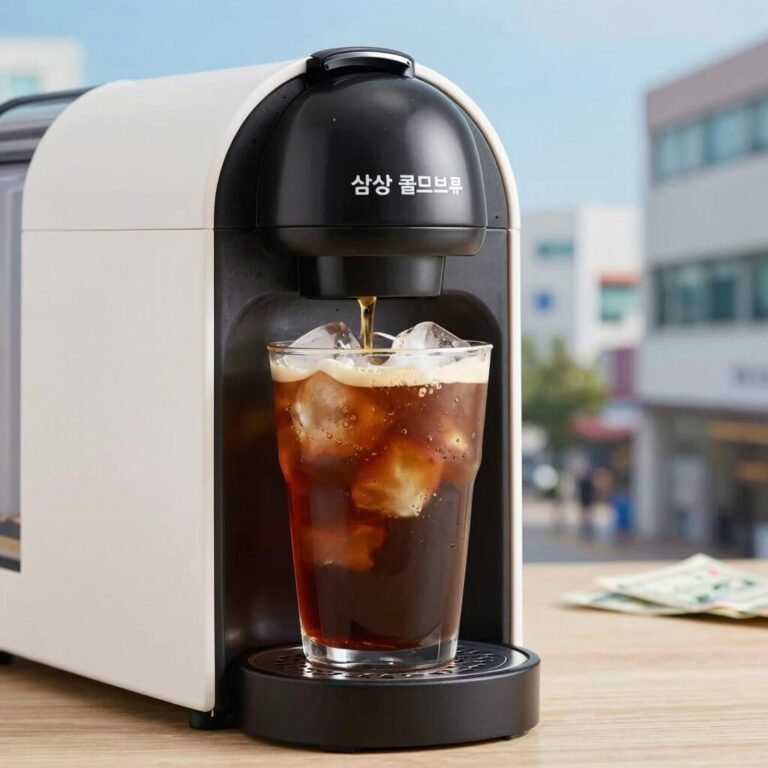 심상 콜드브루 캡슐커피머신으로 아이스커피를 내리는 모습. 진한 커피가 얼음 위로 떨어지며 시원한 아이스커피가 완성된다.
