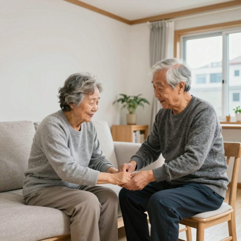 어르신이 집에서 방문요양 서비스를 받으며 생활 지원을 받는 모습