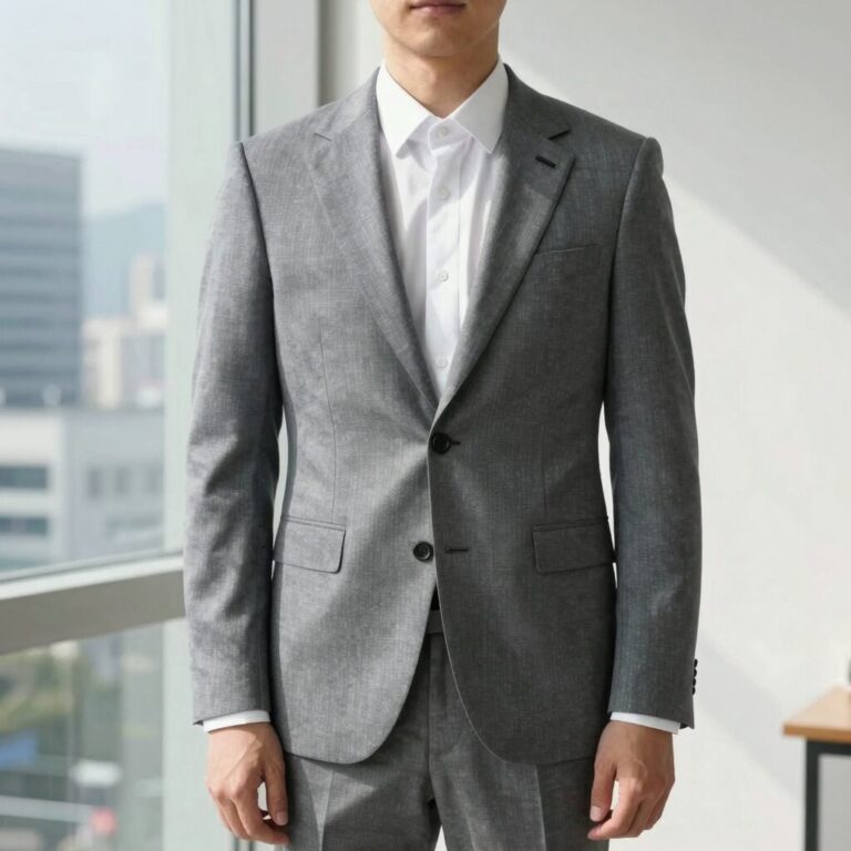 회색 정장 안에 입은 흰색 인견 블라우스, 시원한 여름 사무실 룩