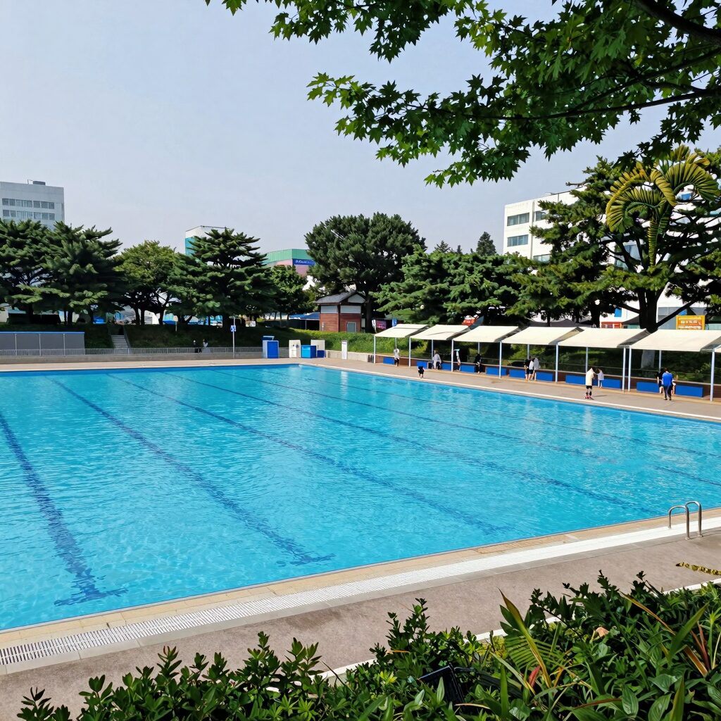 장흥 유원지 수영장의 전경, 넓은 풀장과 그늘막, 주변의 푸른 나무들이 보임