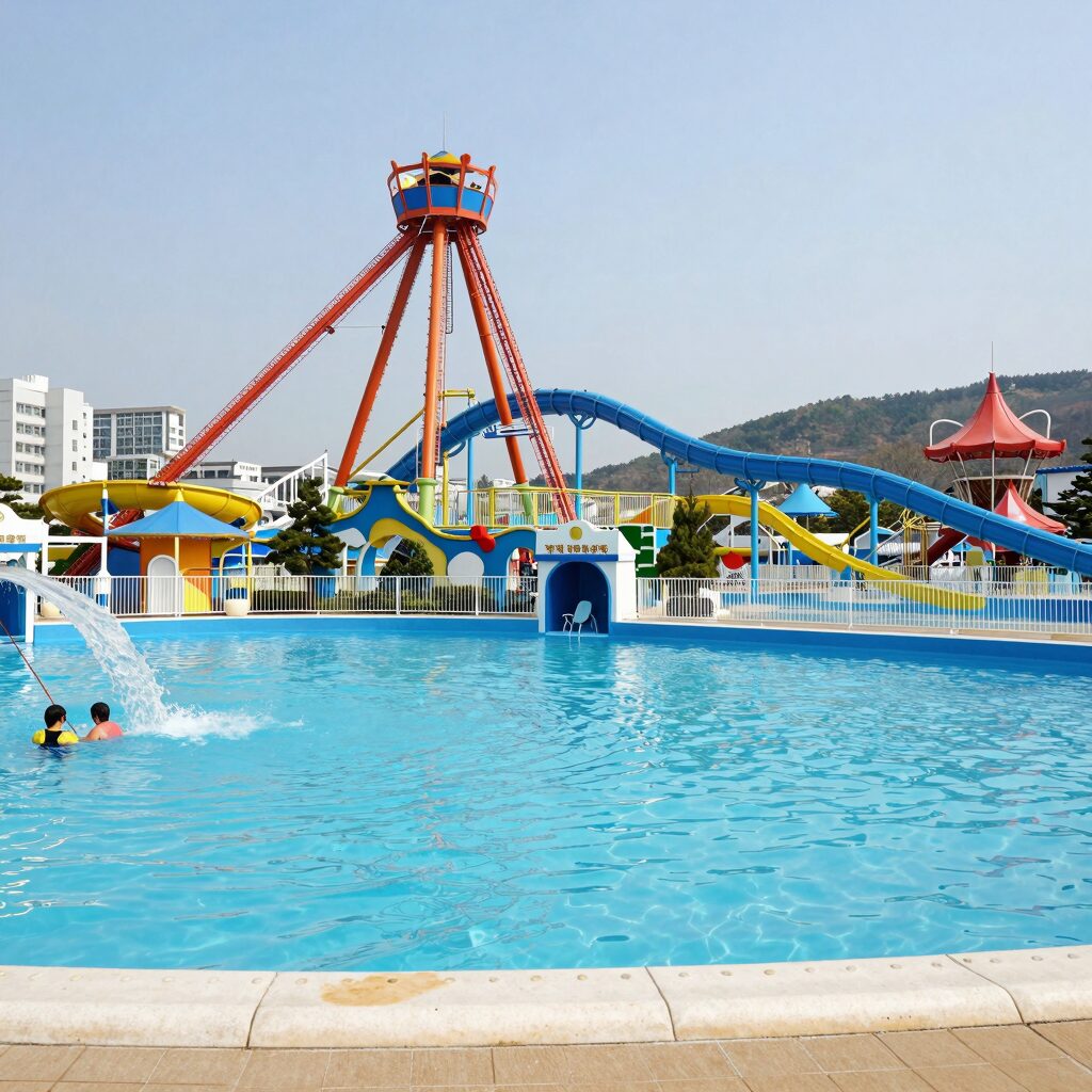 장성 함동수상레저타운 워터파크 전경과 놀이기구