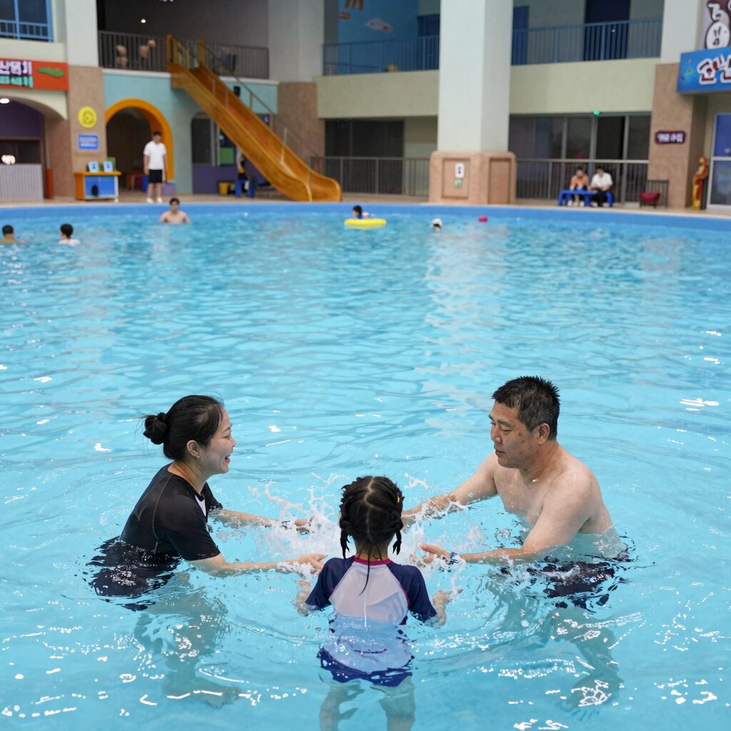 제주 신화월드 워터파크 실내 수영장에서 가족이 물놀이를 즐기는 모습