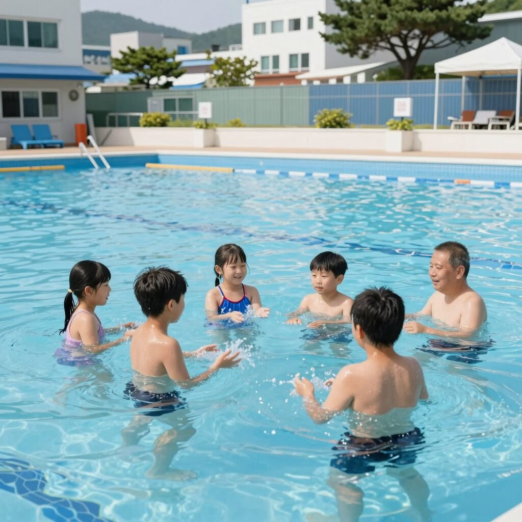 전북 수영장 펜션에서 아이들이 시원하게 물놀이를 즐기는 모습