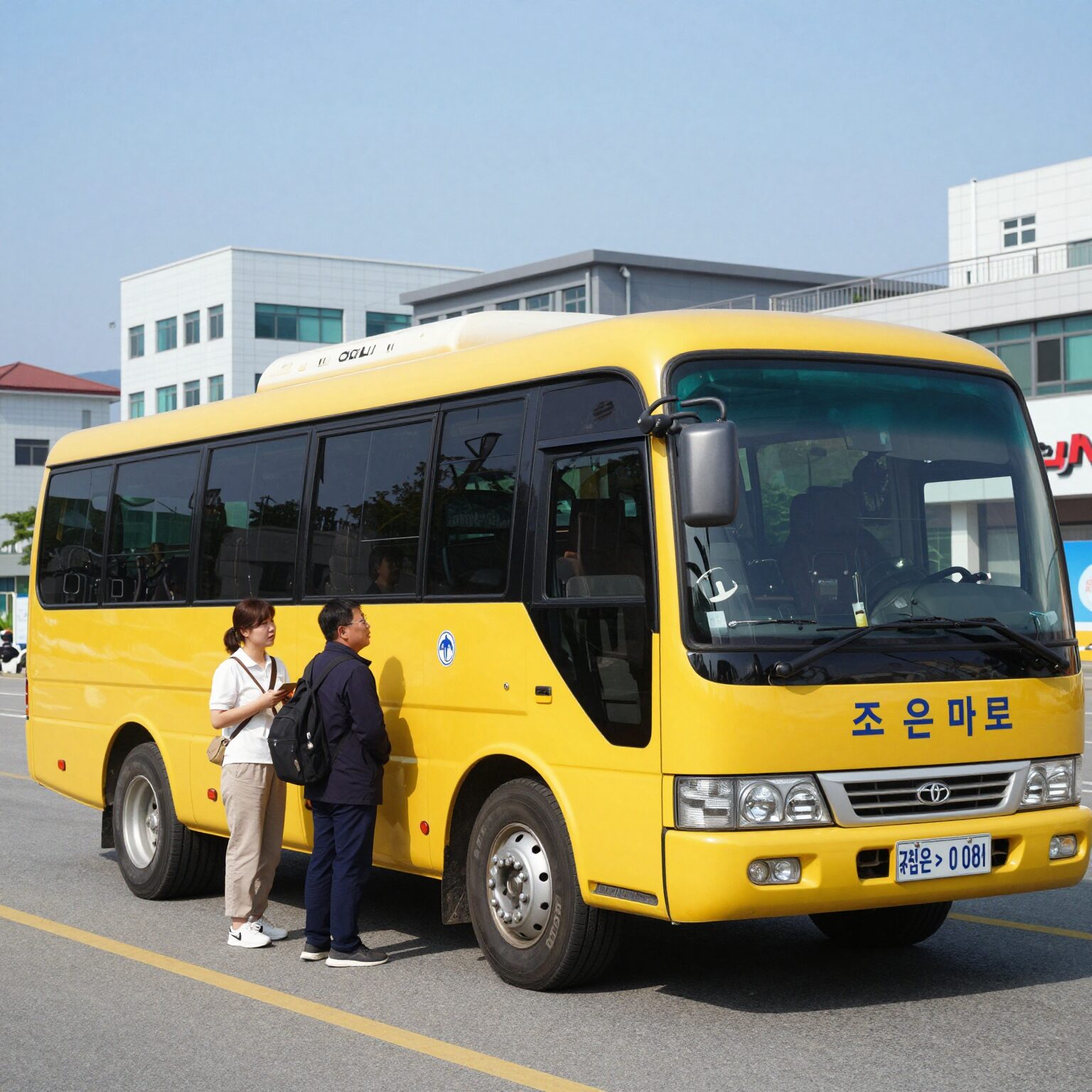 가평역에서 조은마트까지 연결하는 노란 셔틀버스 앞에 서 있는 방문객들