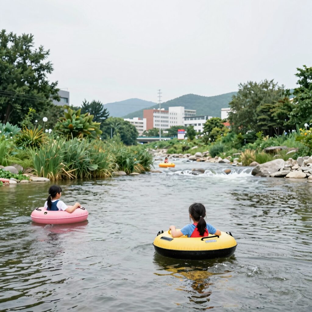 가평 조무락 계곡 물놀이 스팟에서 아이들이 튜브를 타고 즐거워하는 모습