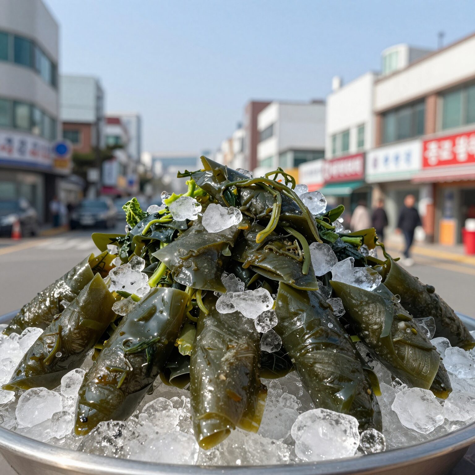 종로 물회 맛집에서 막 나온 신선한 물회 사진, 회와 야채가 얼음 위에 차려져 시원해 보인다