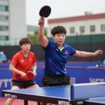 주천희 탁구 선수가 WTT 대회에서 스매시를 날리고 있는 모습