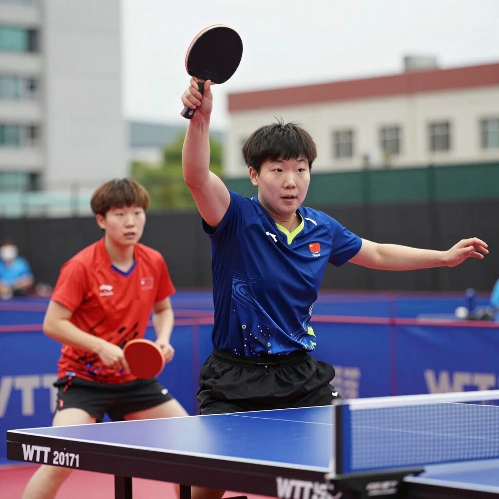 주천희 탁구 선수가 WTT 대회에서 스매시를 날리고 있는 모습