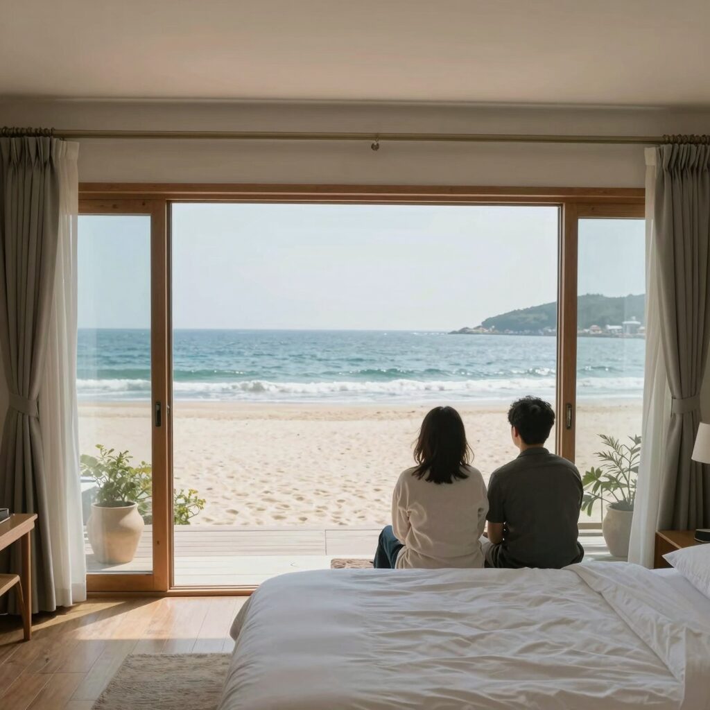 주문도 바다펜션에서 바라본 서해 풍경과 편안한 객실 내부