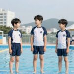 주니어 래쉬가드 세트를 입고 물놀이하는 초등학생