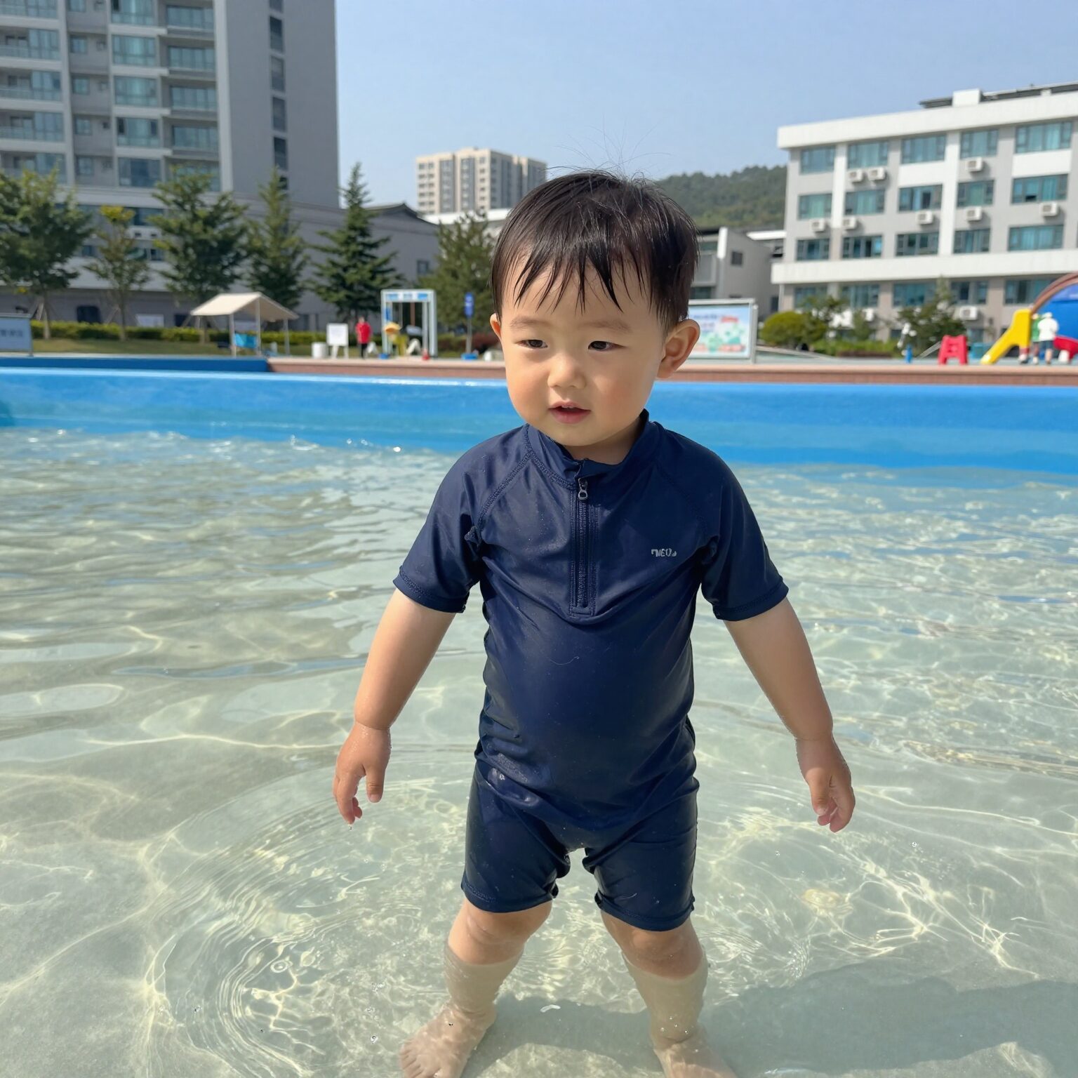 유아 래쉬가드 세트를 입고 물놀이하는 아이