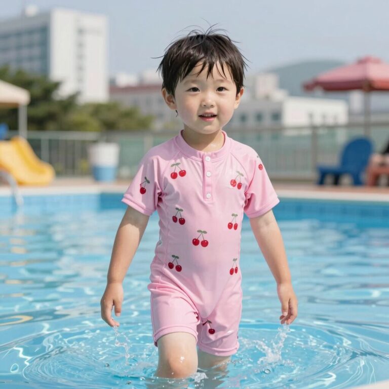 뉴발란스 키즈 래쉬가드 집업을 입고 물놀이하는 아이의 모습. 핑크색 체리블라썸 패턴이 눈에 띈다.