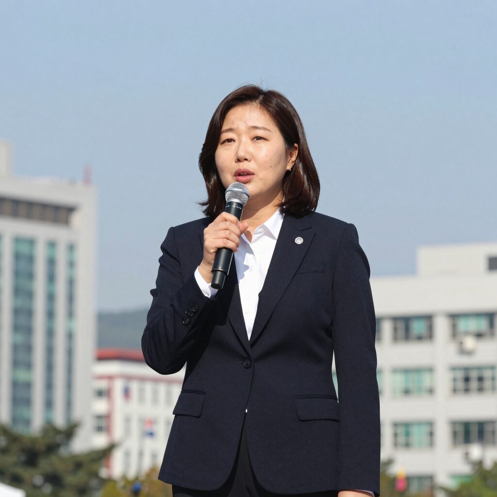 김보미 더불어민주당 당대표 후보가 정견 발표 중인 모습, 무대 위에서 마이크를 잡고 당당하게 발언하고 있다.