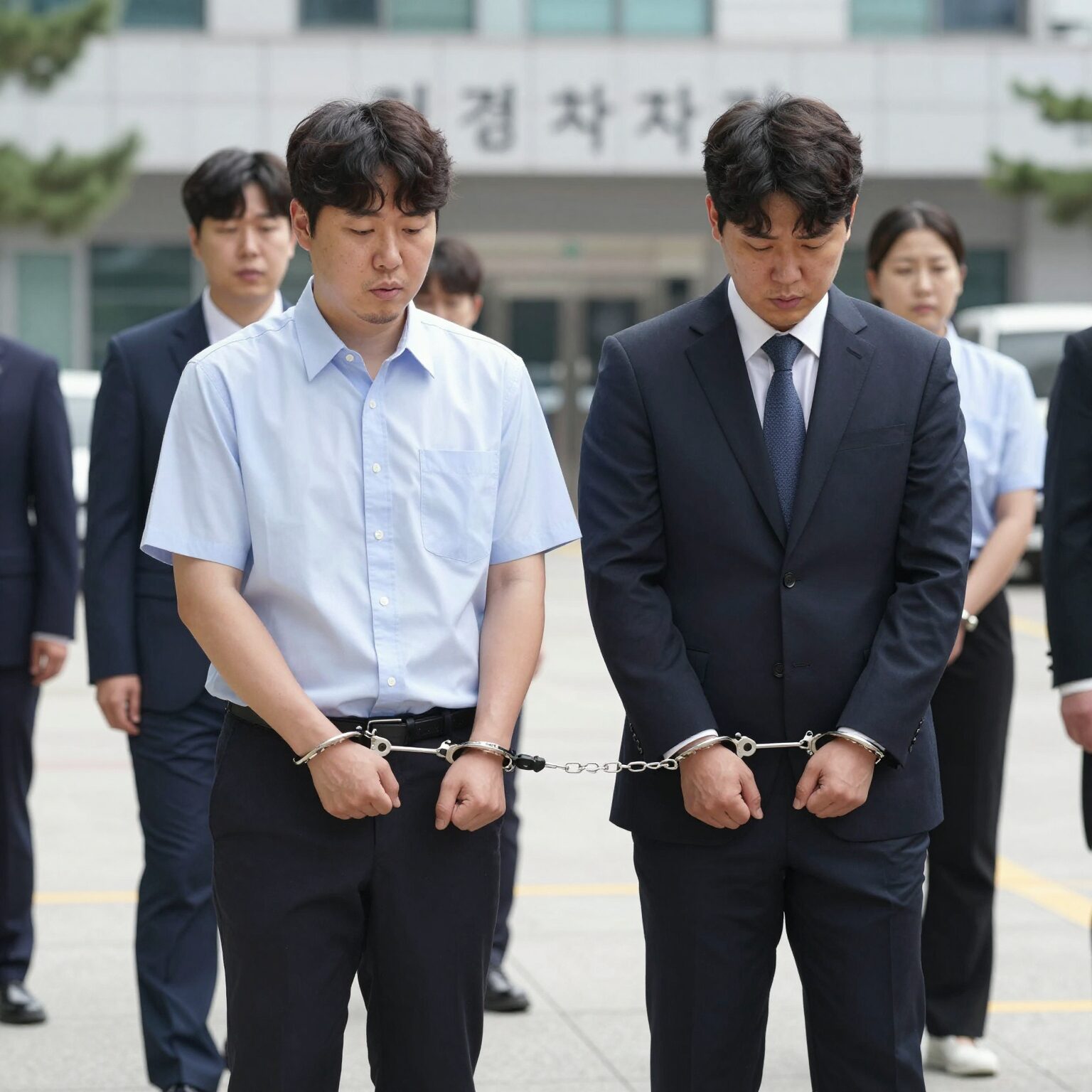 김성훈 전 경호처 차장이 법원에 출석하는 모습, 수갑을 찬 채 호송되는 장면