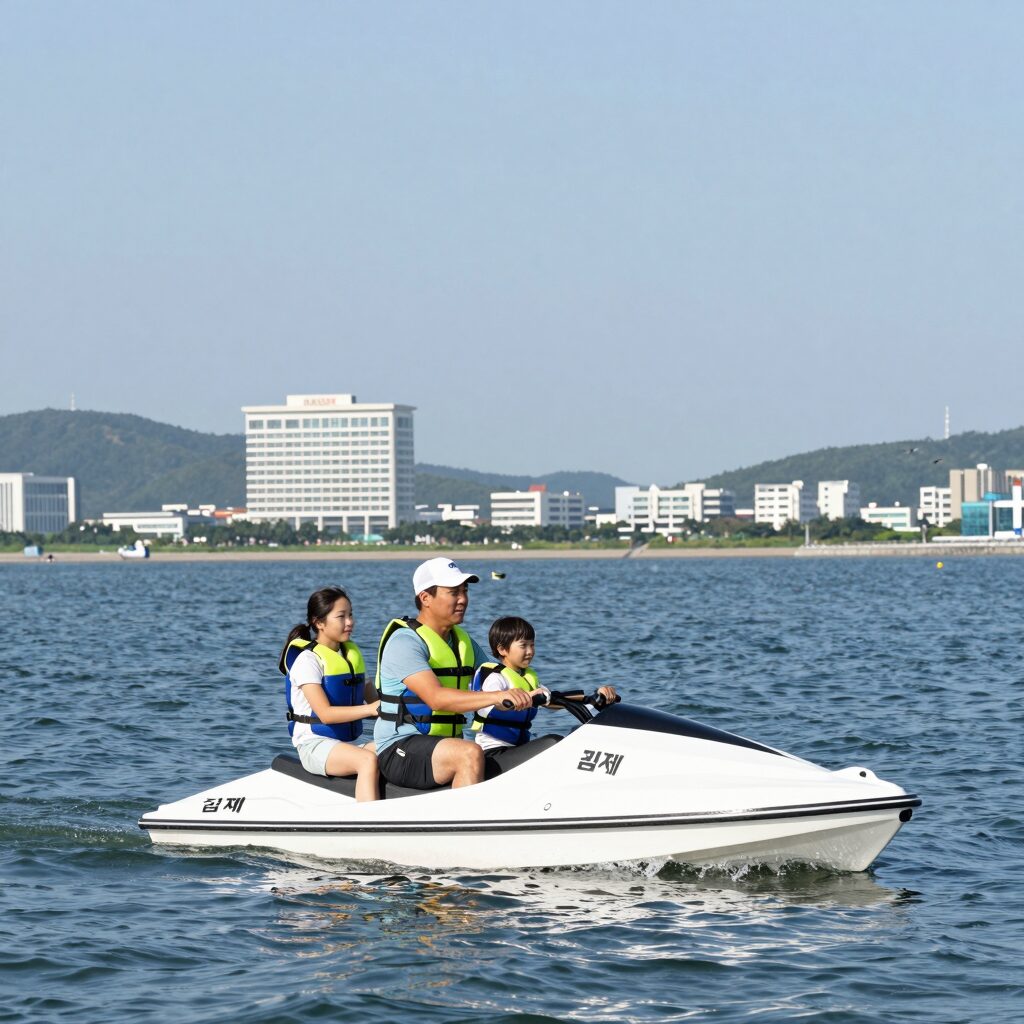 김제 지평선 마린리조트에서 가족이 수상오토바이를 타고 있는 모습