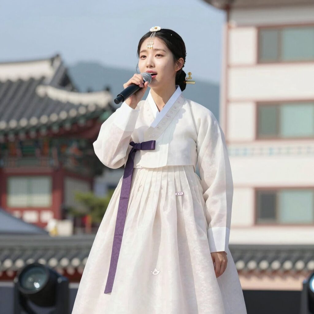 가수 김소유가 전통의상과 마이크를 들고 무대 위에서 노래하는 모습