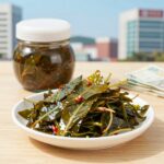 깻잎 양념장을 바른 삶은 깻잎과 냉수육이 함께 담긴 접시 위에 막걸리잔이 놓인 테이블 사진
