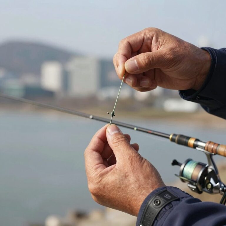 꺽지 낚시 채비 매듭을 묶는 과정을 보여주는 이미지로, 낚시줄과 바늘 그리고 완성된 매듭의 모습