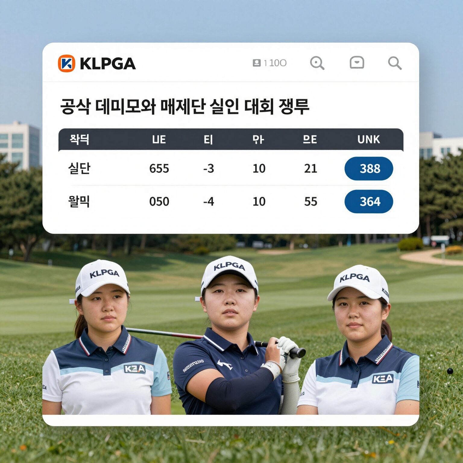 KLPGA 공식 홈페이지 메인 화면 실시간 대회 정보와 리더보드 배너