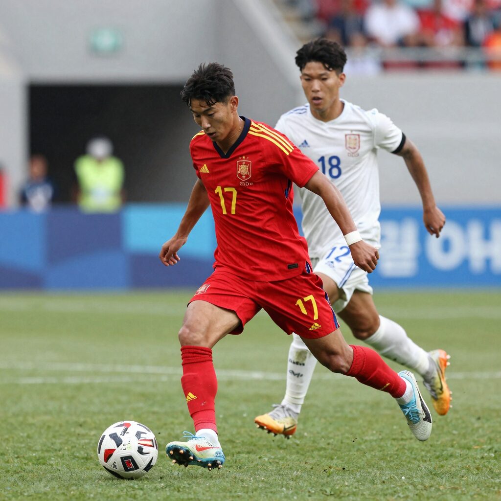 스페인 축구선수 야말 나이 19세 경기 중 드리블 모습